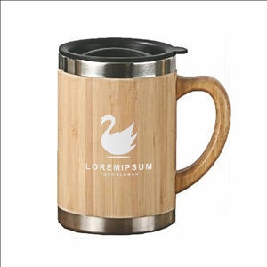 Coffee Mug, Stainless Steel Bamboo Travel Mug with Handle, Bamboo Insulated Water Bottle, 12oz